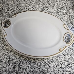 Antique 19th century oval platter white tray with gold trim